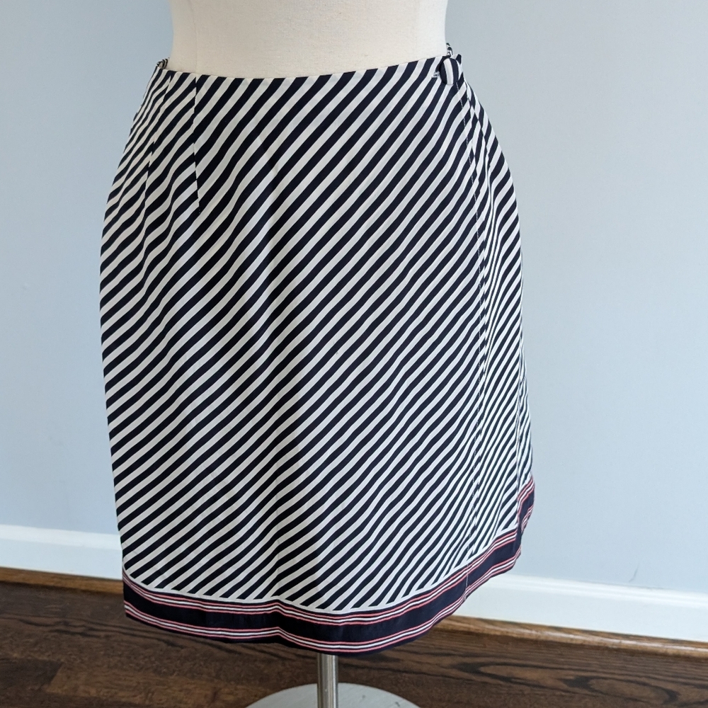 NEW Chelsea Campbell Silk 12 Skirt Lined Navy White Stripe Wrap